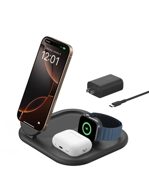Бездротовий зарядний пристрій Belkin BoostCharge Magnetic Stand 3-in-1 15W Qi2 для iPhone / Apple Watch / AirPods